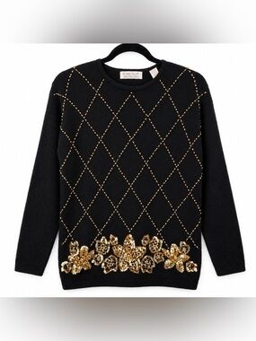 Vintage Karen Scott Silk Angora Sweater Black Gold Beaded Sequin Holiday Glam